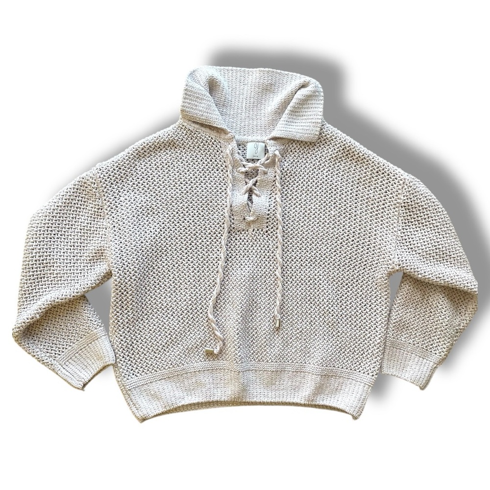 JOIE Cross Stitch Boho Sequin Cream Knit Pullover Sweater Size Medium